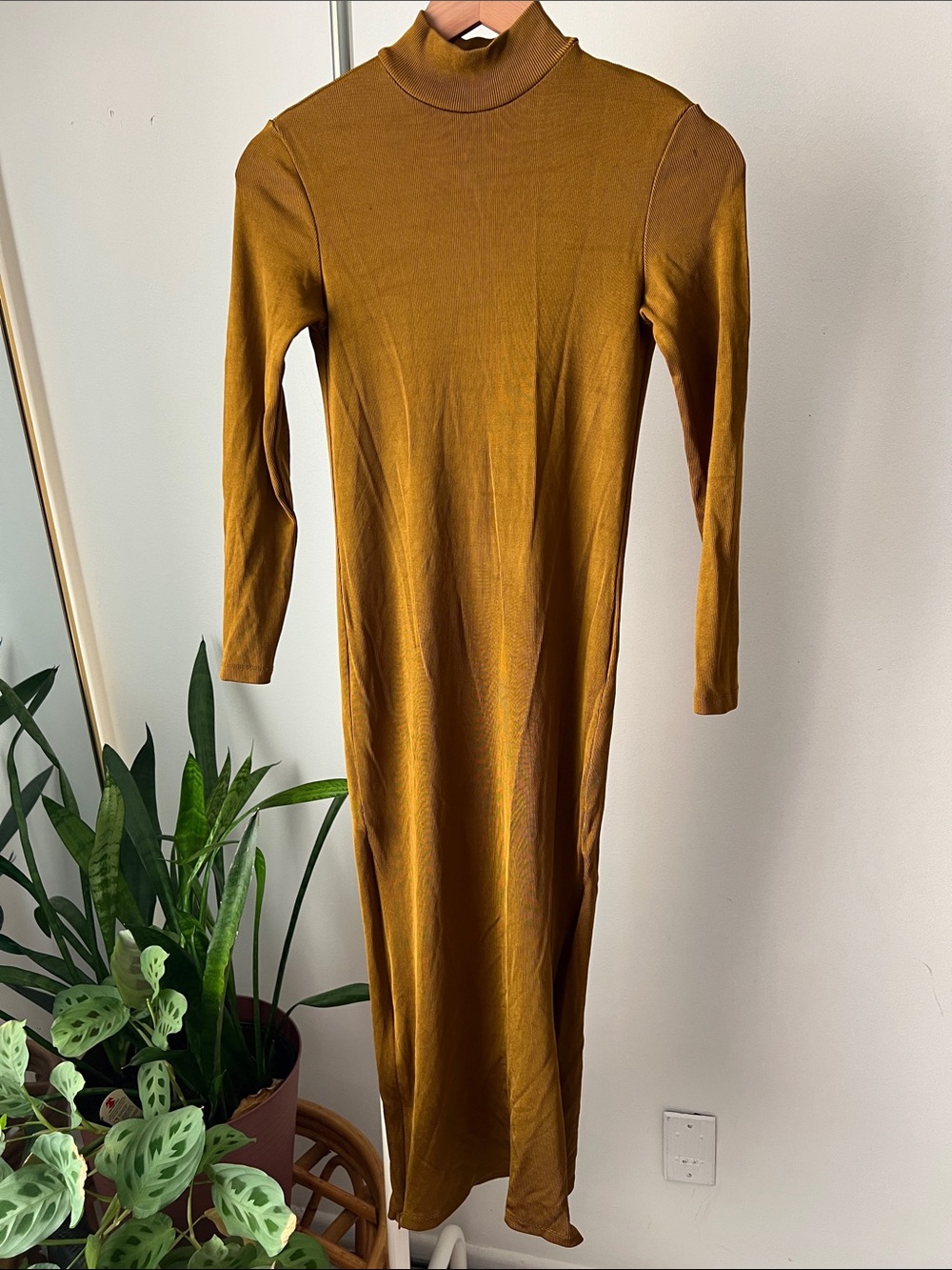H&M Long Sleeve Turtleneck Maxi Dress in Mustard Brown
